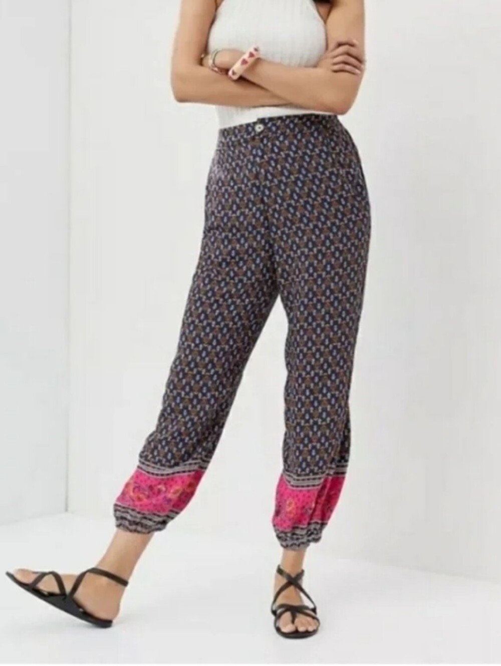 Anthropologie Navy And Orange Floral Motif Balloon Jogger Pants